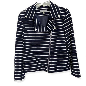 Bagatelle Navy and White  Stripe Moto Jacket with Silver Accents  Size Small EUC